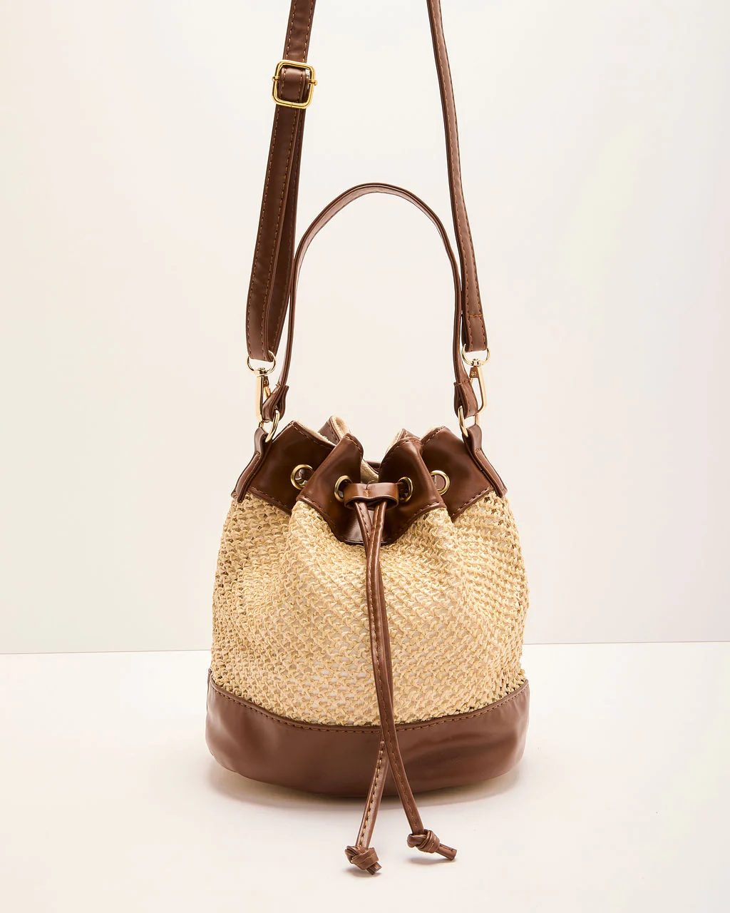 Amiyah Woven Straw Vegan Leather Bucket Bag - Image 2
