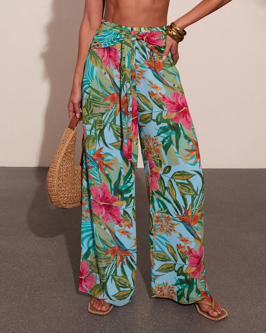 Arellie Tropical Floral Waist Tie Cover Up Pants - Image 2