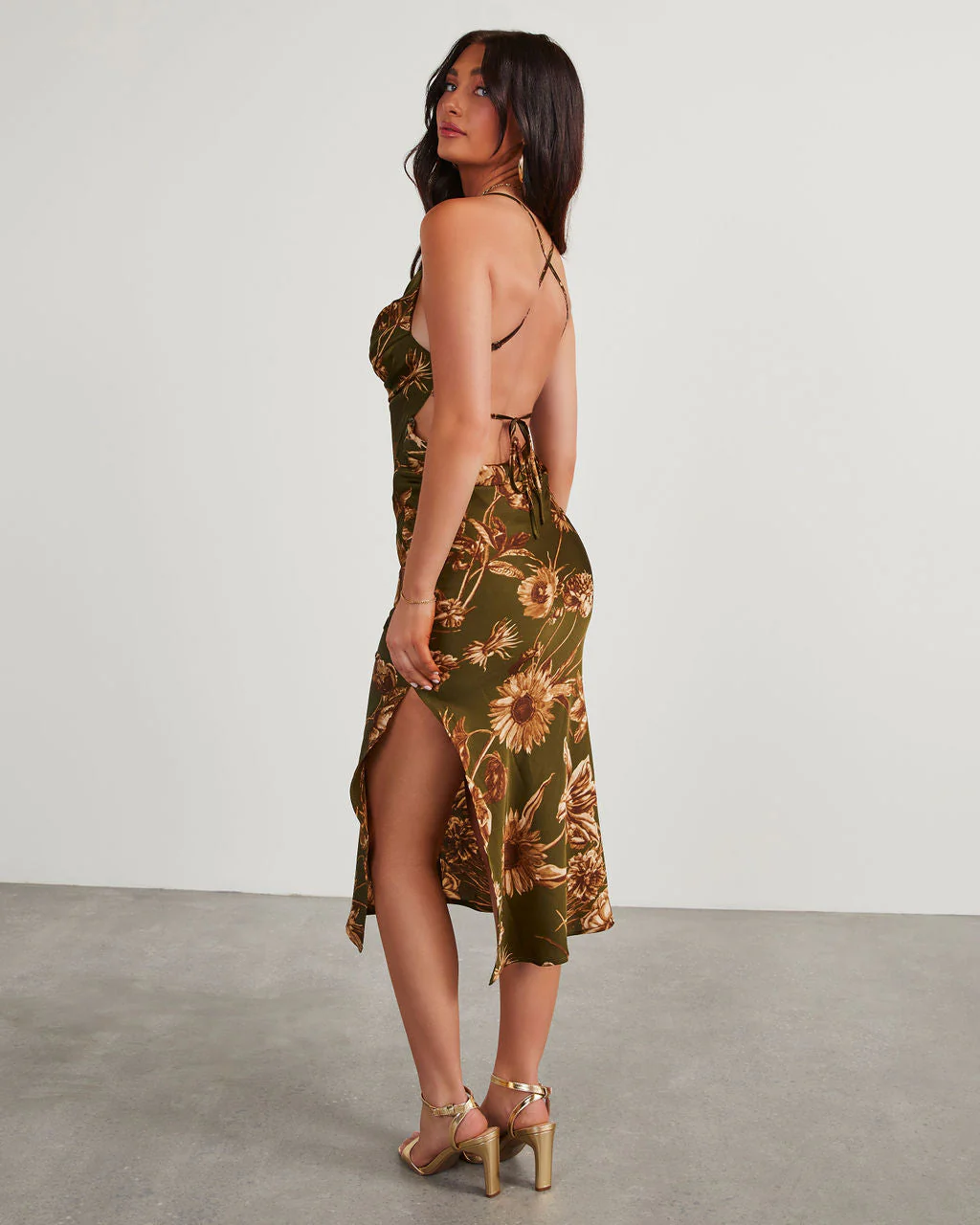 Autumn Blooms Satin Floral Midi Dress - Image 4