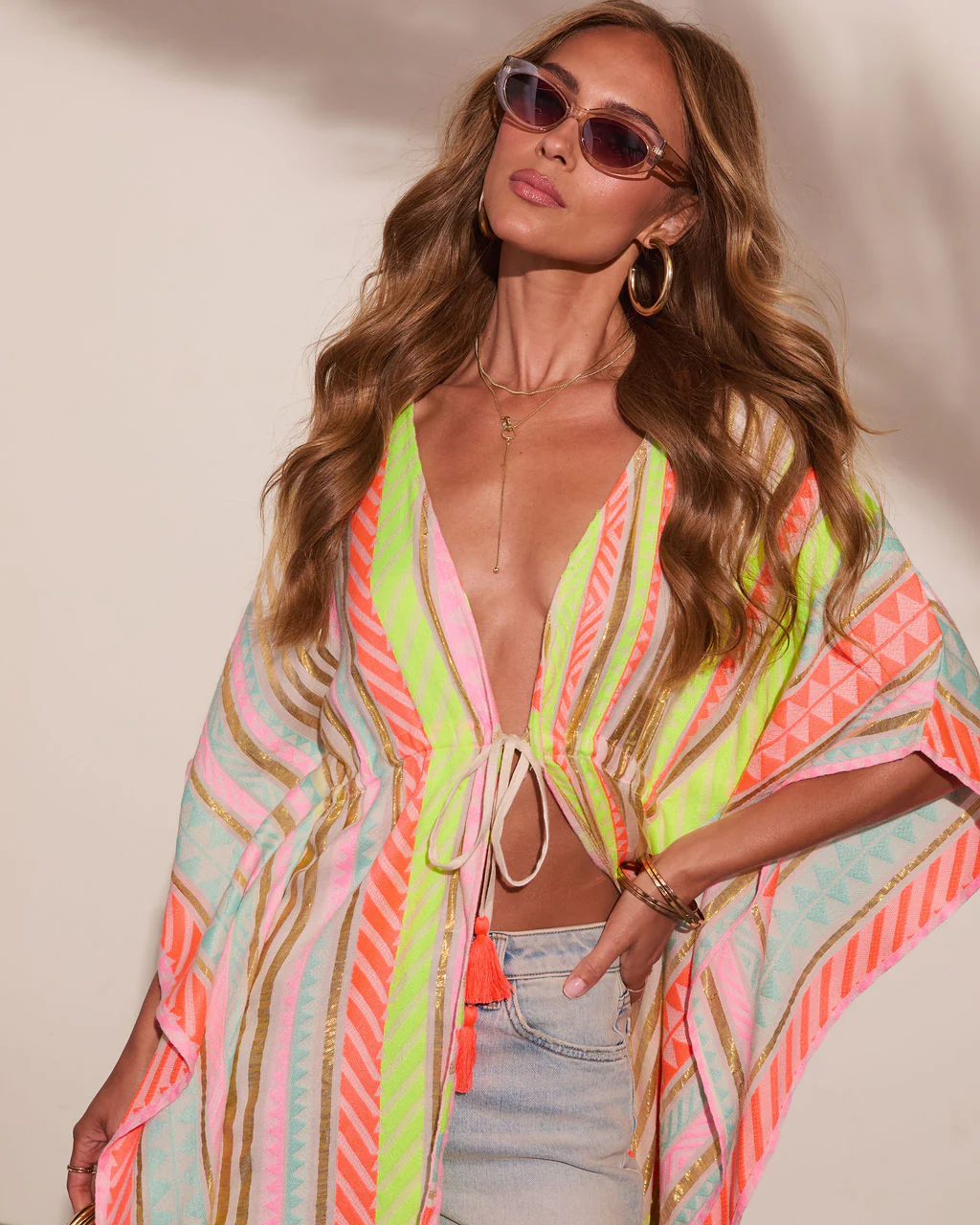 Capri Sunset Striped Abstract Drawstring Kimono - Image 2