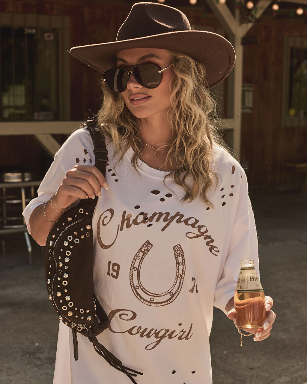 Champagne Cowgirl Cotton Graphic Short Sleeve Tee - Image 5