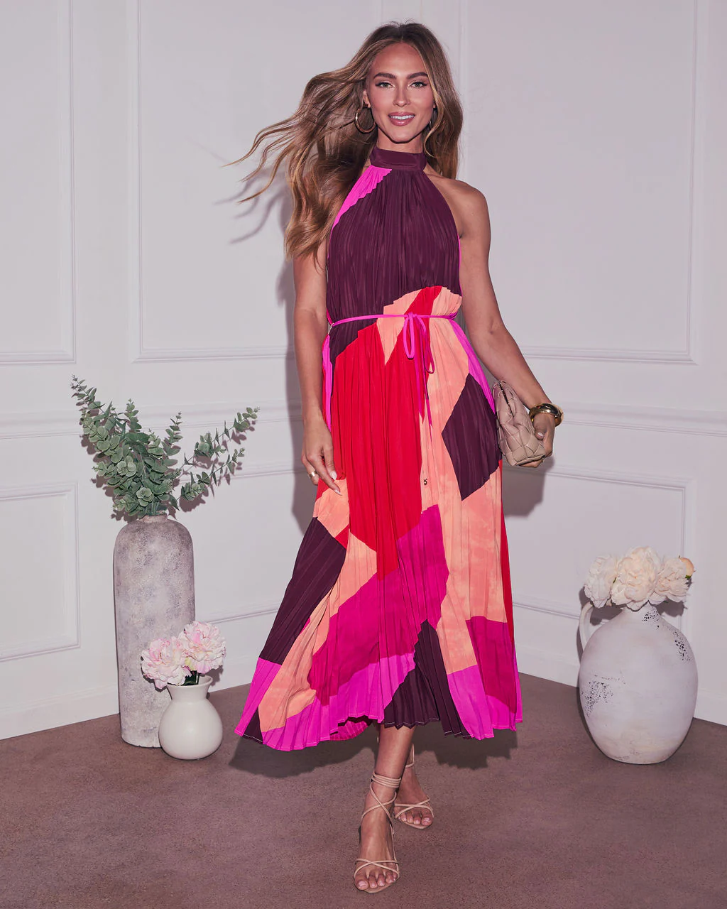 Cheyenne Abstract Pleated Halter Midi Dress - Image 12