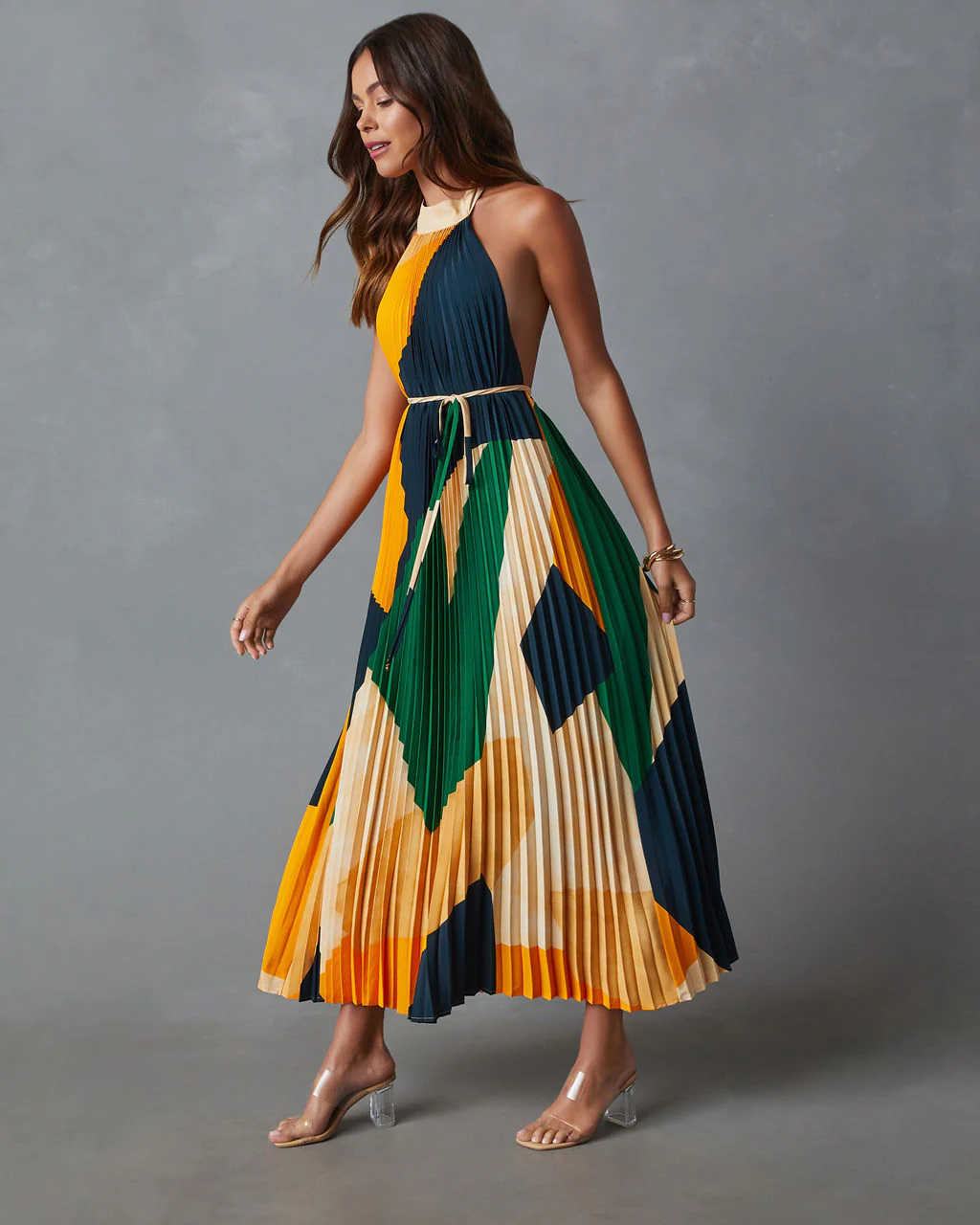 Cheyenne Abstract Pleated Halter Midi Dress - Image 3