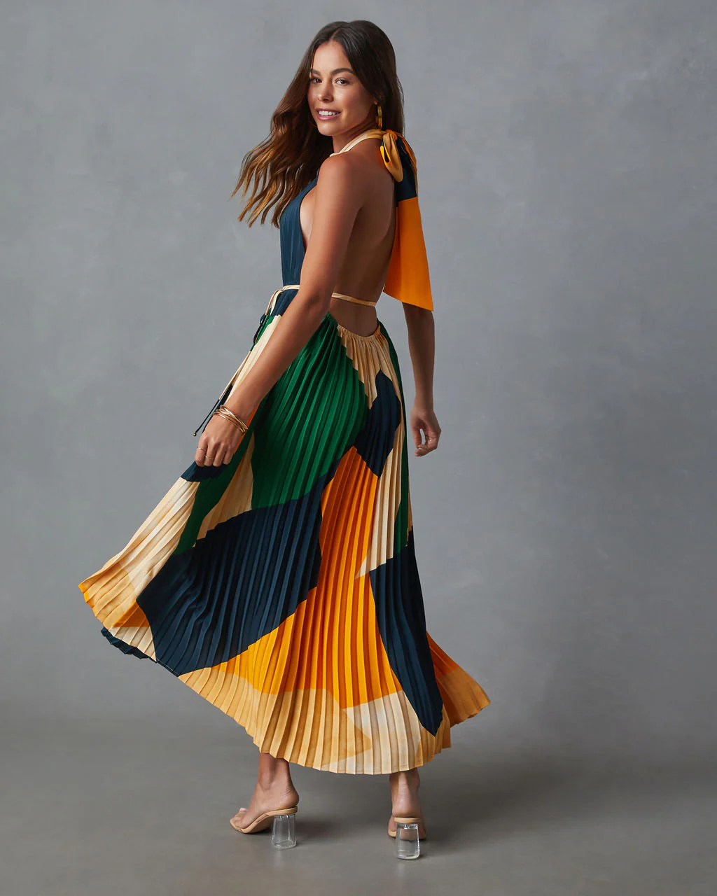 Cheyenne Abstract Pleated Halter Midi Dress - Image 6