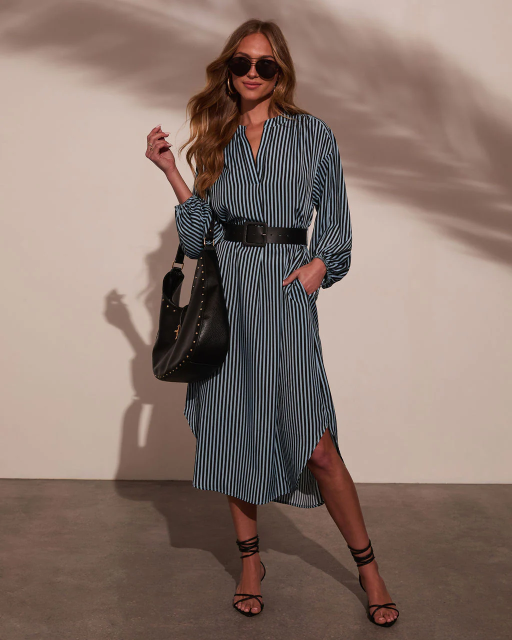 Dimarco Striped Pocketed Belted Midi Dress - Image 7