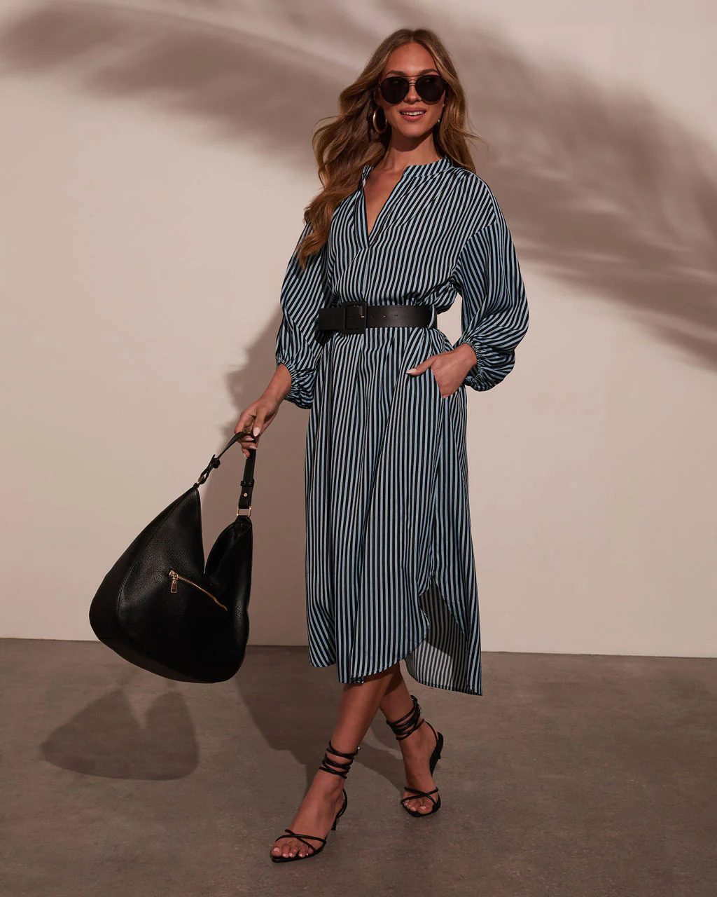 Dimarco Striped Pocketed Belted Midi Dress - Image 9