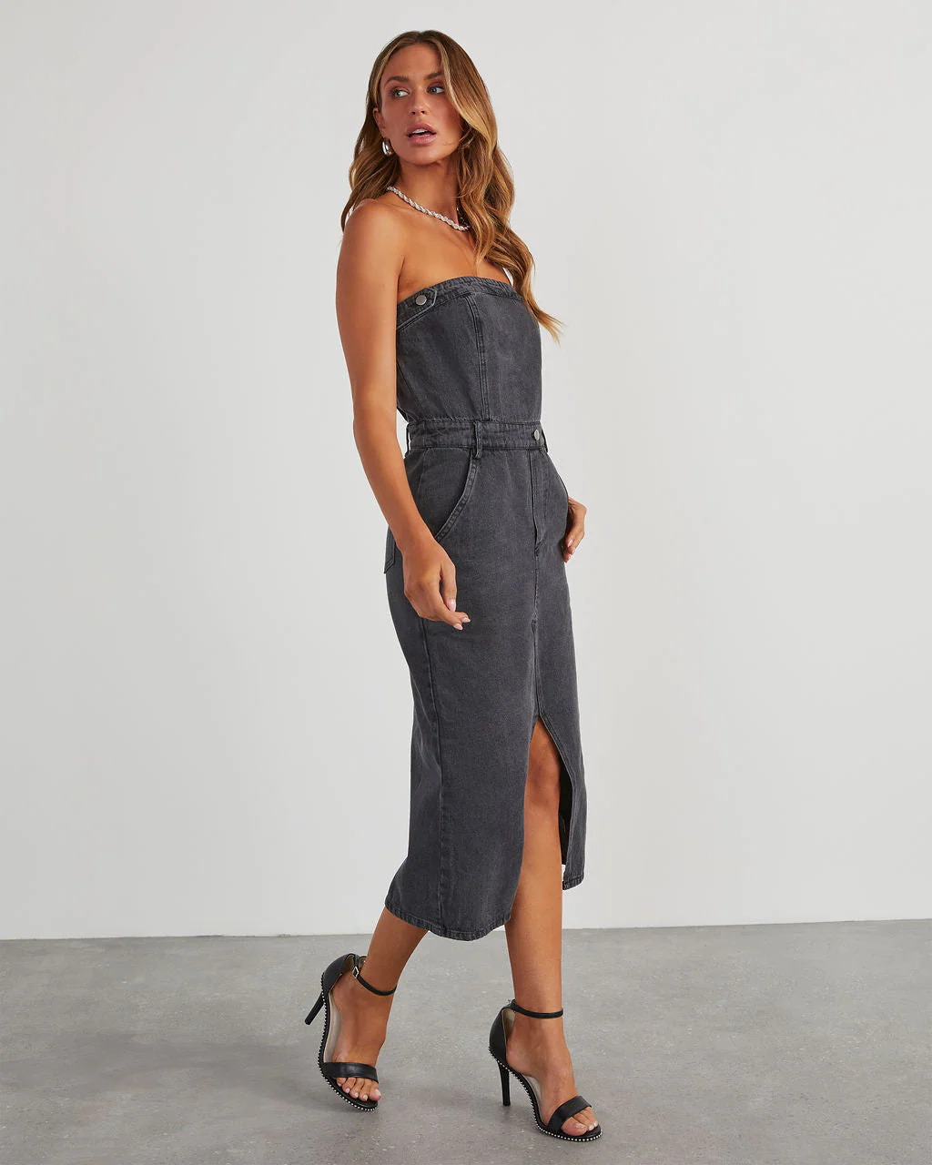 Edgy Era Denim Strapless Midi Dress - Image 3