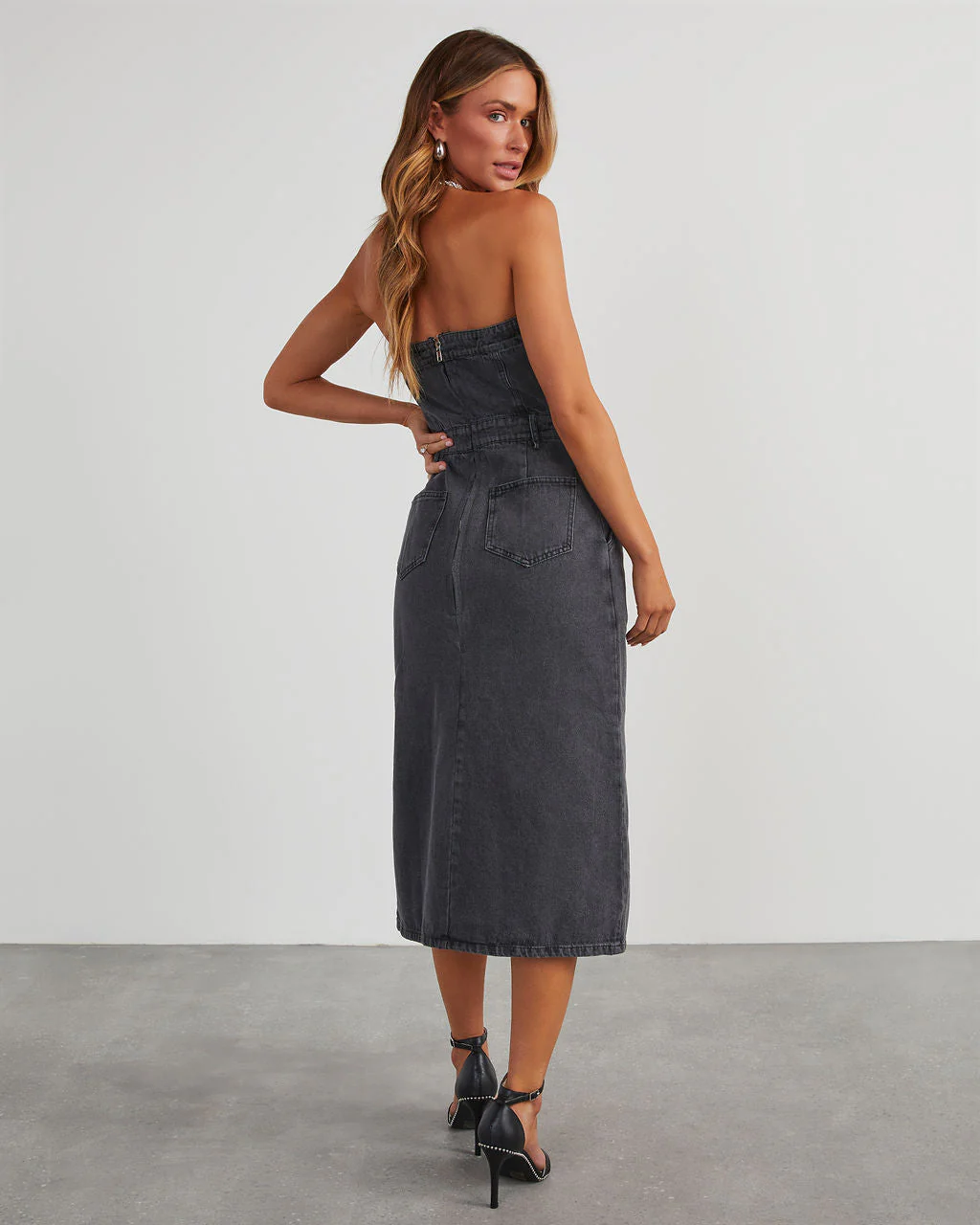 Edgy Era Denim Strapless Midi Dress - Image 4