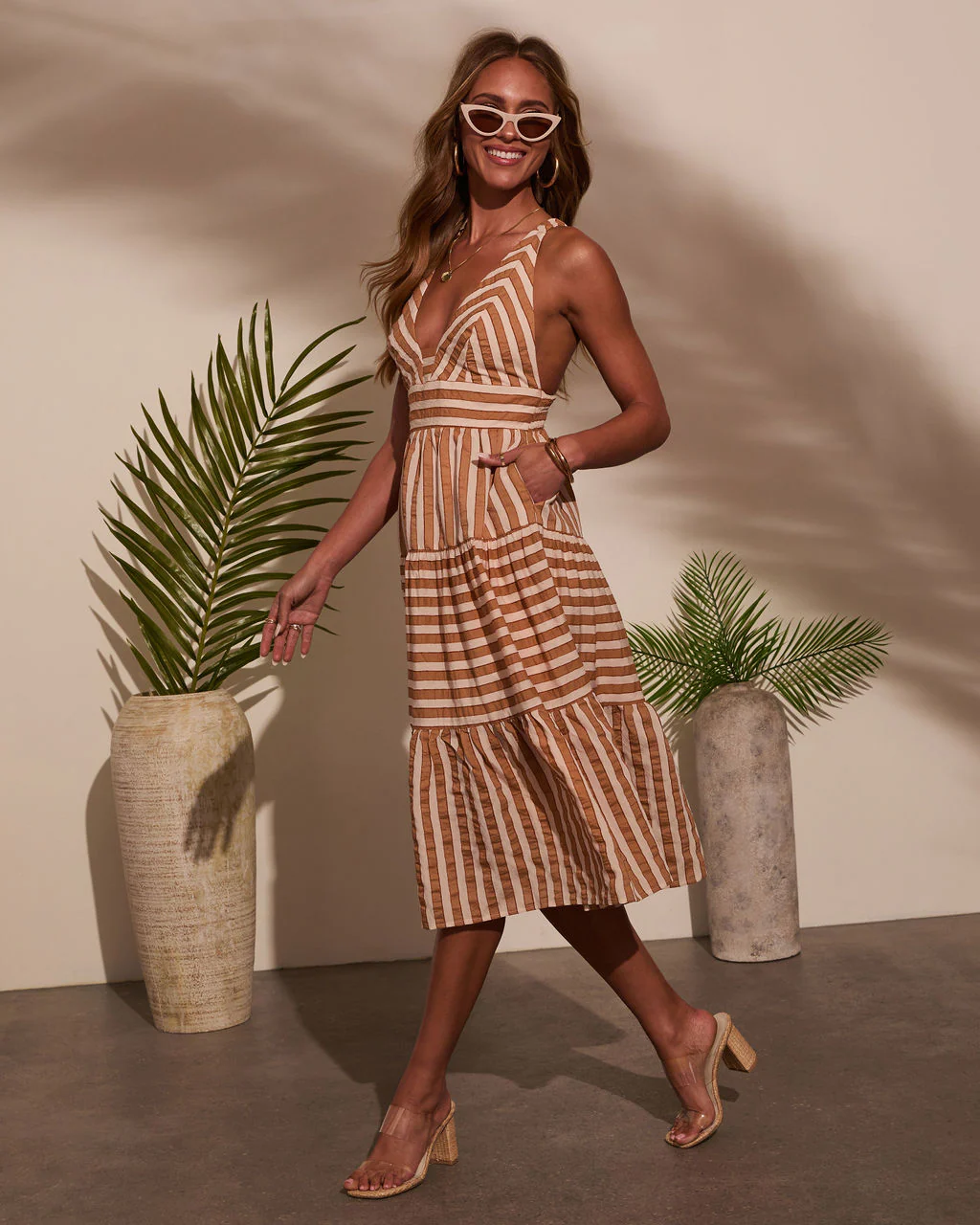 Elly Striped V Neck Midi Dress - Image 3