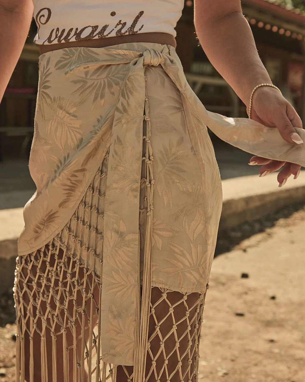 Elyssa Fringe Satin Jacquard Wrap Tie Midi Skirt - Image 3