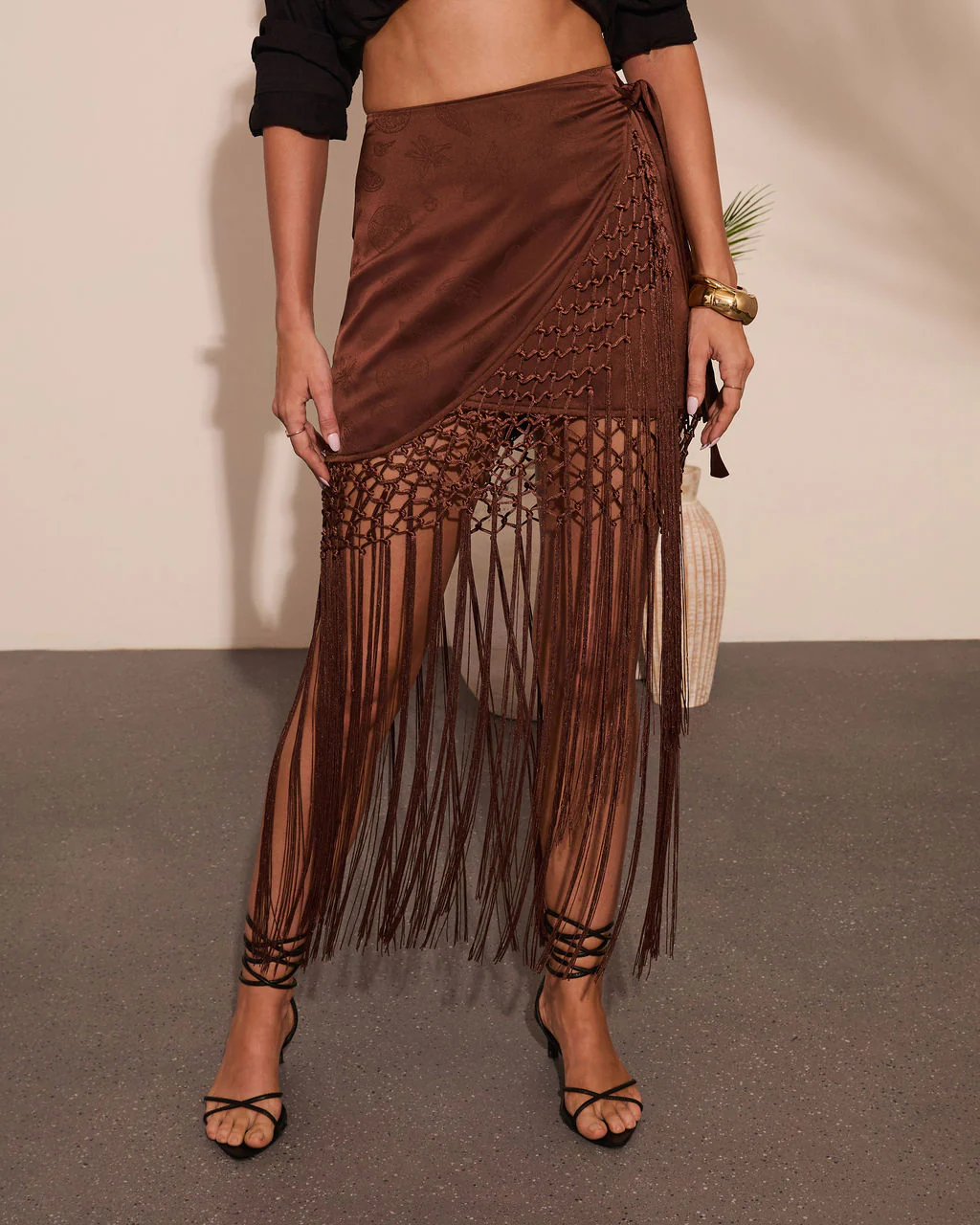 Elyssa Fringe Satin Jacquard Wrap Tie Midi Skirt - Image 8