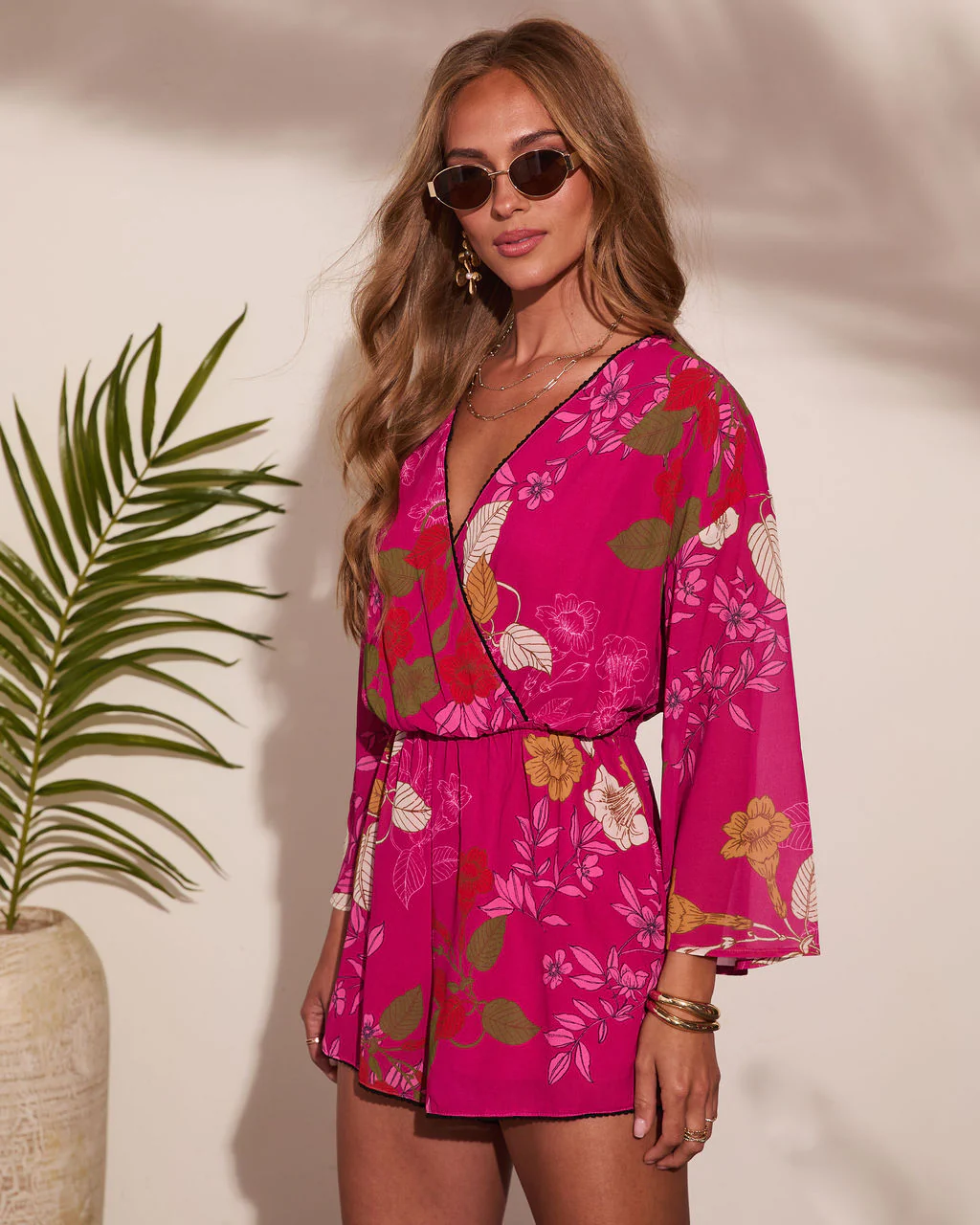 Evening Romance Tropical Floral Wrap Tie Romper - Image 3