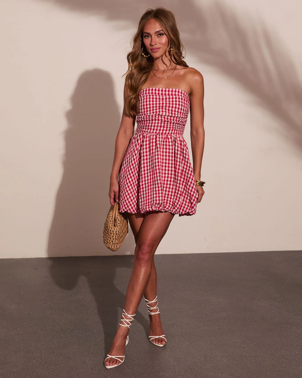 Harbor Stripe Bubble Hem Gingham Print Mini Dress