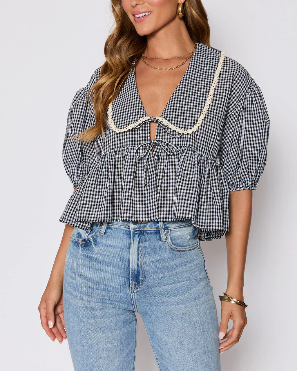 Hart Collared Gingham Babydoll Top