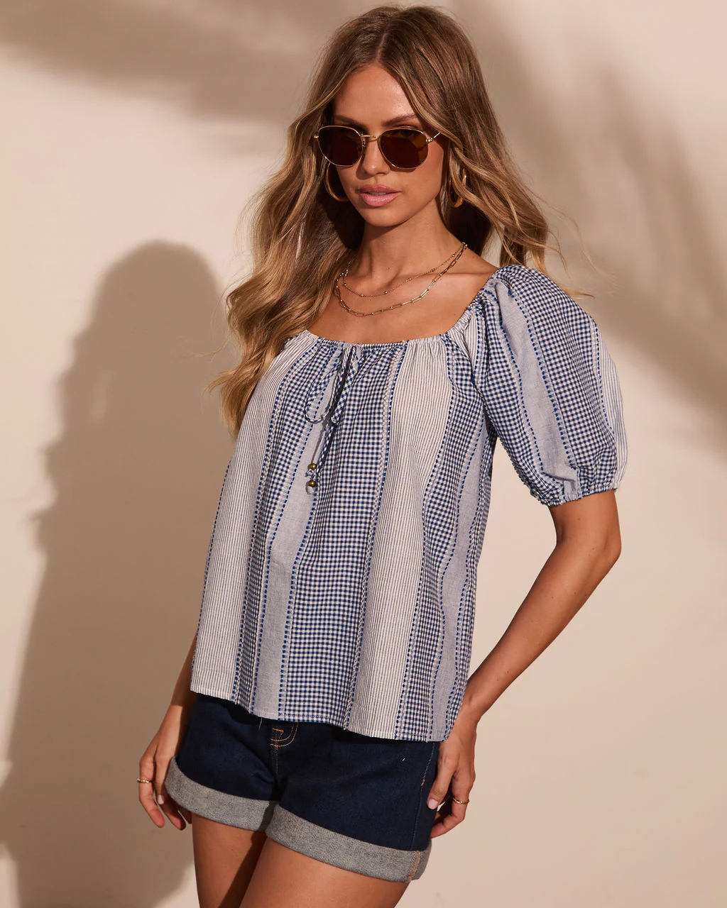 Mareah Striped Gingham Print Top