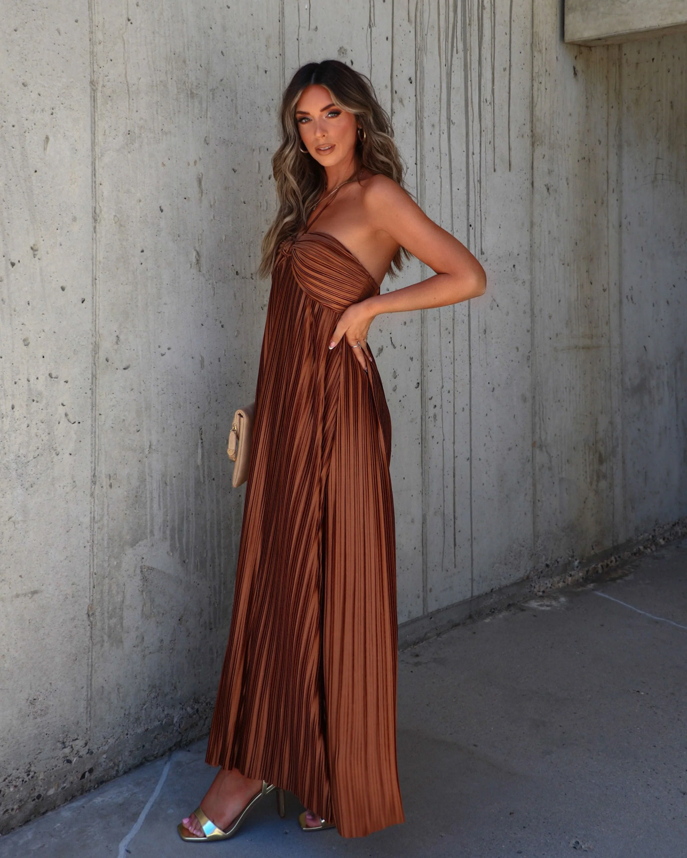 Raise A Toast Satin Plisse Halter Maxi Dress - Image 14