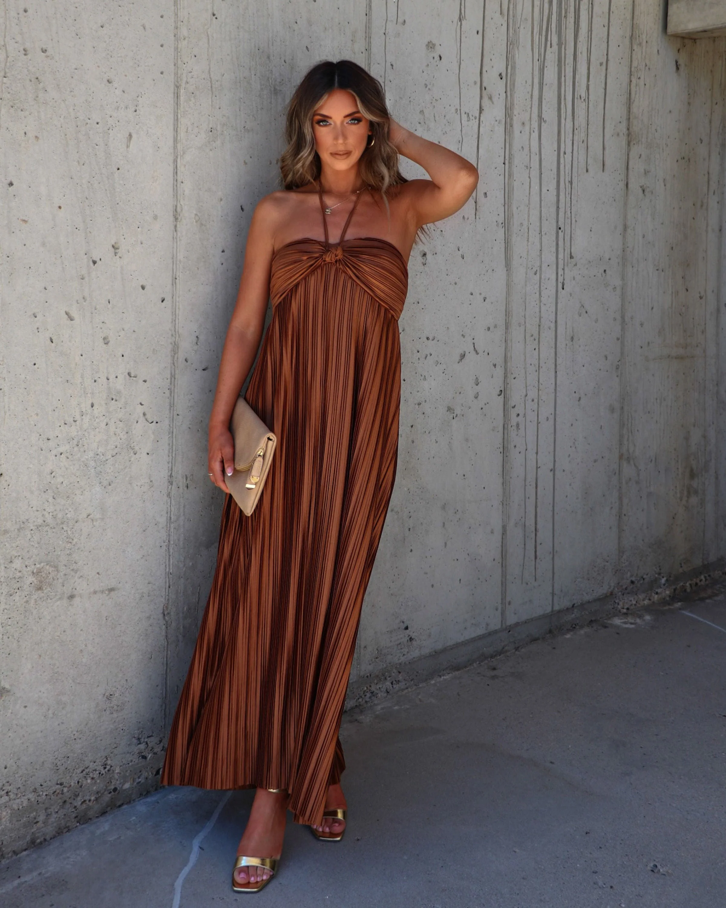 Raise A Toast Satin Plisse Halter Maxi Dress - Image 16