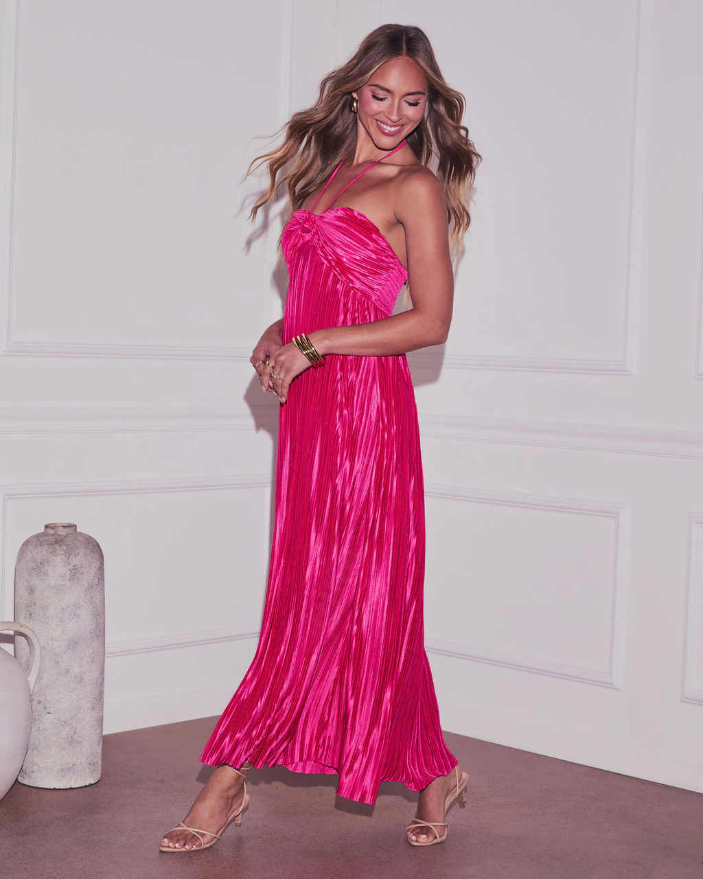 Raise A Toast Satin Plisse Halter Maxi Dress - Image 31