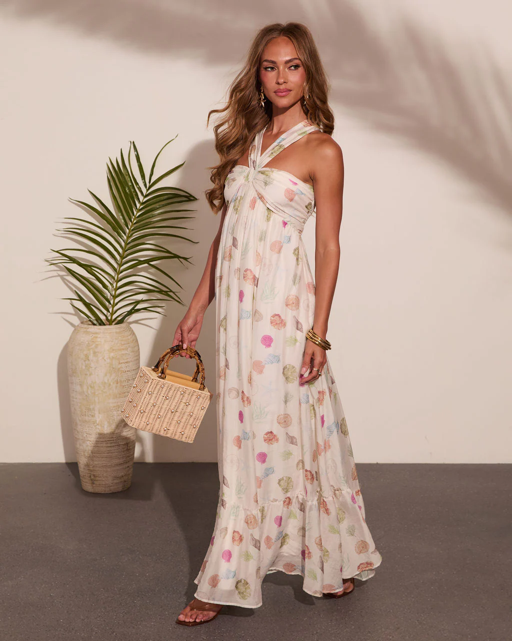 Sea Shimmer Seashell Print Halter Neck Maxi Dress - Image 3